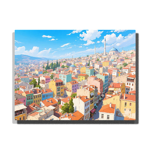 paint by numbers artwork depicting sunlit hillside city with terracotta rooftops, pastel houses and blue sky panorama, city wall decor for adults by PaintEasy