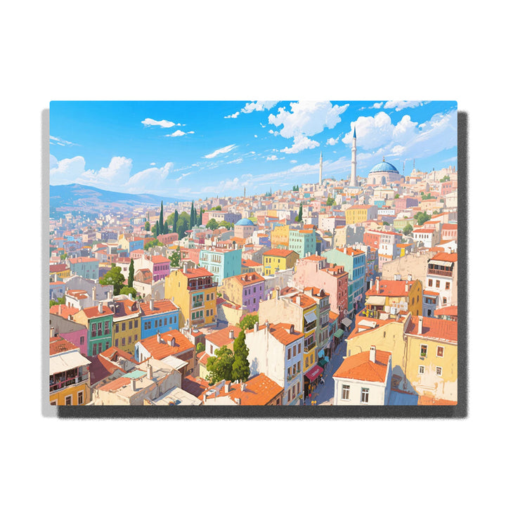 paint by numbers artwork depicting sunlit hillside city with terracotta rooftops, pastel houses and blue sky panorama, city wall decor for adults by PaintEasy