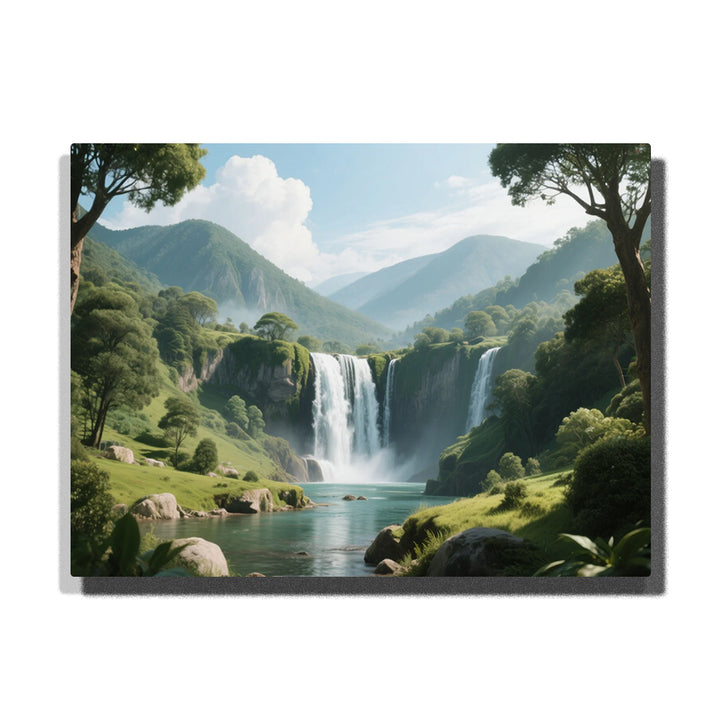 paint by numbers artwork depicting mountain waterfall valley with river, green hills and soft blue mountains, landscape wall decor for adults by PaintEasy