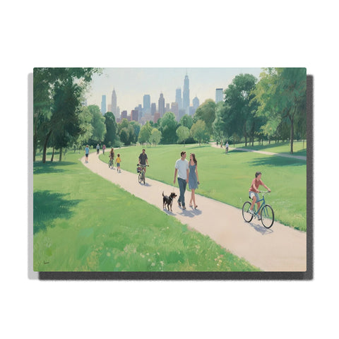 paint by numbers artwork depicting sunny park path with cyclists, walkers, green lawns and distant city skyline, landscape wall decor for adults by PaintEasy