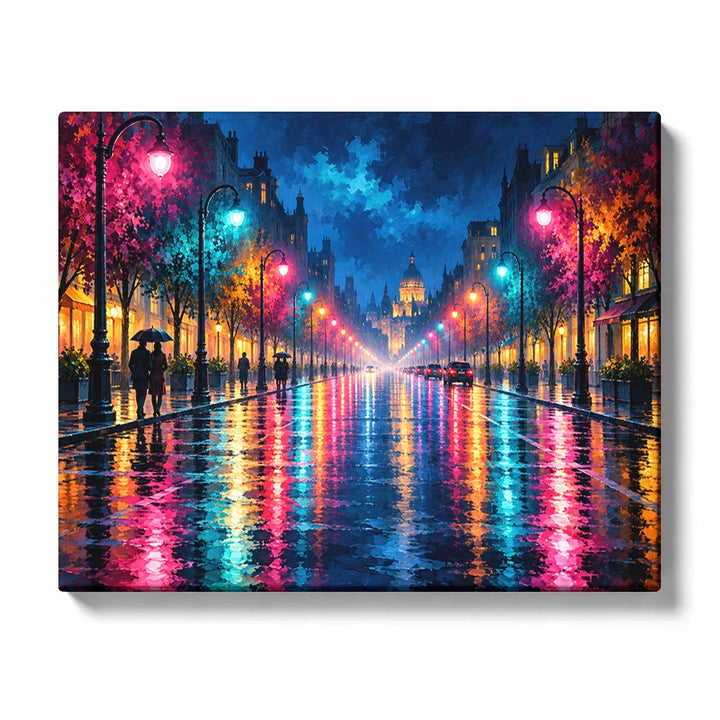 Rain-Soaked Neon Boulevard beneath Violet Streetlights Paint by Numbers Kit for Adults