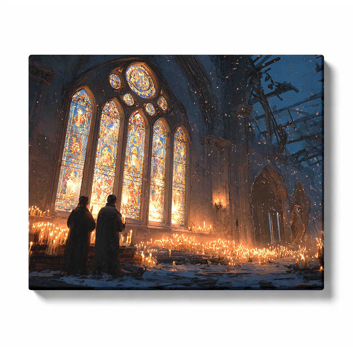Cathedral of Embers Paint by Numbers | Candlelit Ruined Church Winter Scene