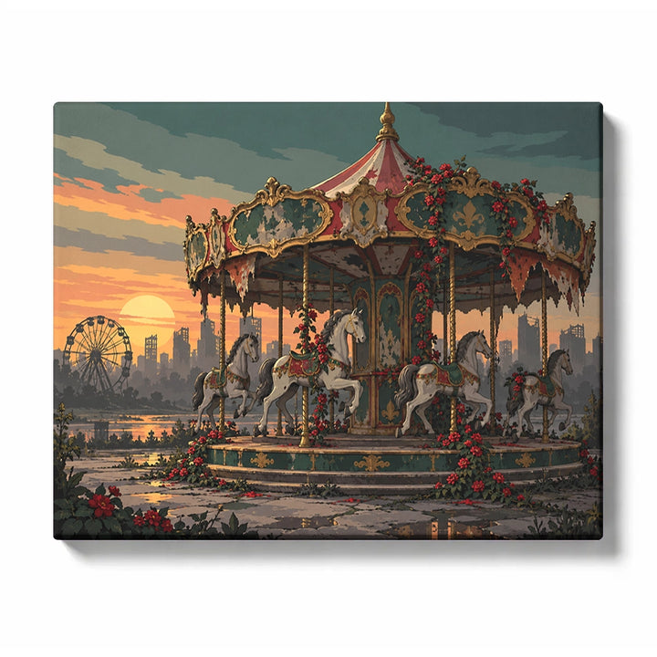Silent Carousel Paint by Numbers | Abandoned Winter Fairground Art | Post-Apocalypse Series