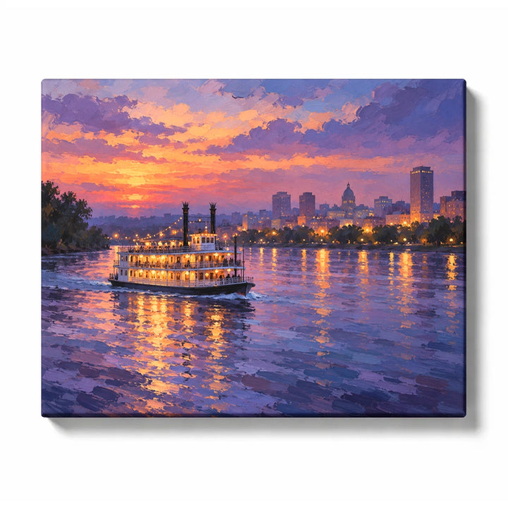Twilight Voyage Paint by Numbers | City River Boat at Dusk Scene