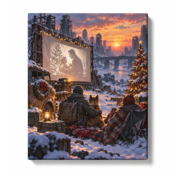 Afterlight Cinema Paint by Numbers | Post-Apocalypse Christmas Scene with Screen & Snow