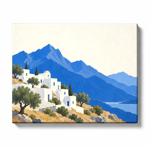 Minimal White Village and Blue Peaks paint by numbers design