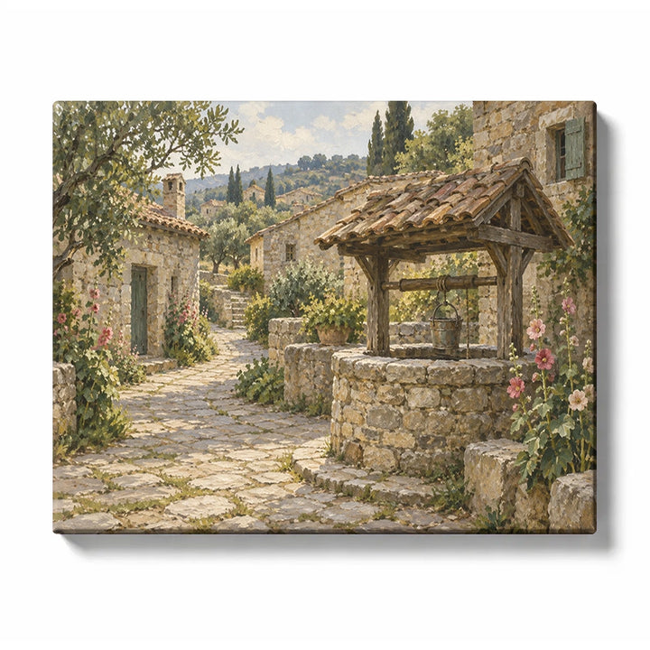 Stone Village Path beside a Roofed Old Well paint by numbers design