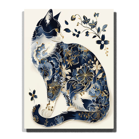 Seated navy and white cat with gold blue floral patterns, curled tail, cream background, floating botanical branch, and ornate body details, PaintEasy Paint by Numbers kit.