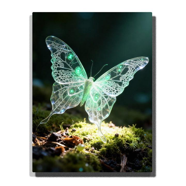 Paint by numbers kit featuring translucent butterfly on moss with glowing green light details in forest setting