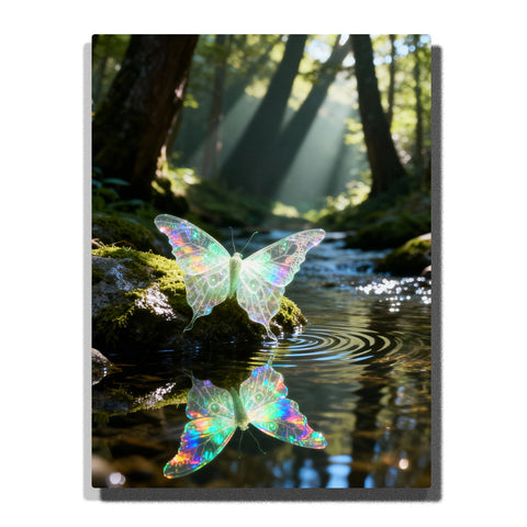 Paint by numbers kit featuring glowing butterfly over forest stream with water reflection and sunlight beams