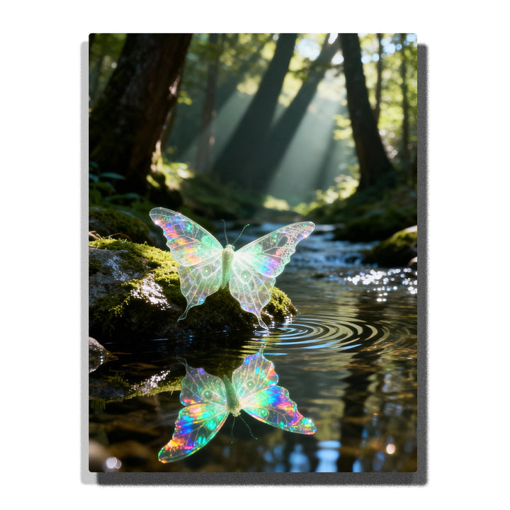 Paint by numbers kit featuring glowing butterfly over forest stream with water reflection and sunlight beams