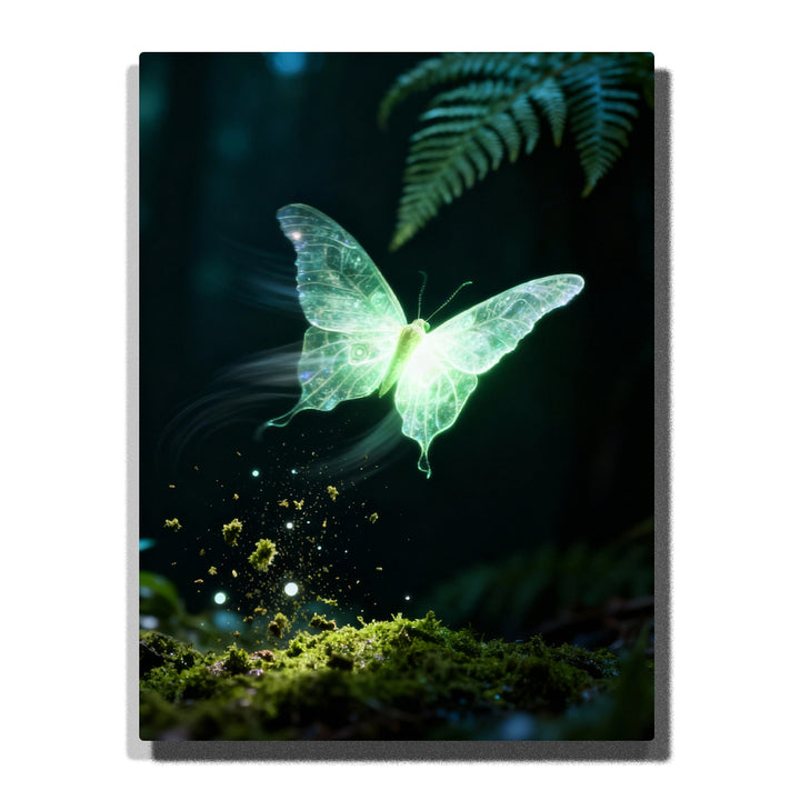 Paint by numbers kit featuring glowing green butterfly in dark forest with light particles and mossy ground