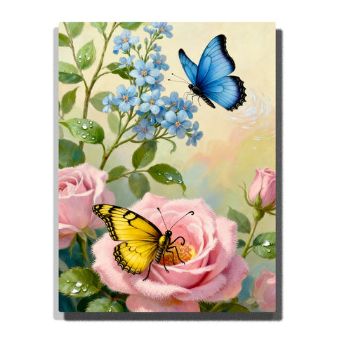 Paint by numbers kit featuring blue and yellow butterflies on pink roses and blue flowers with soft garden background