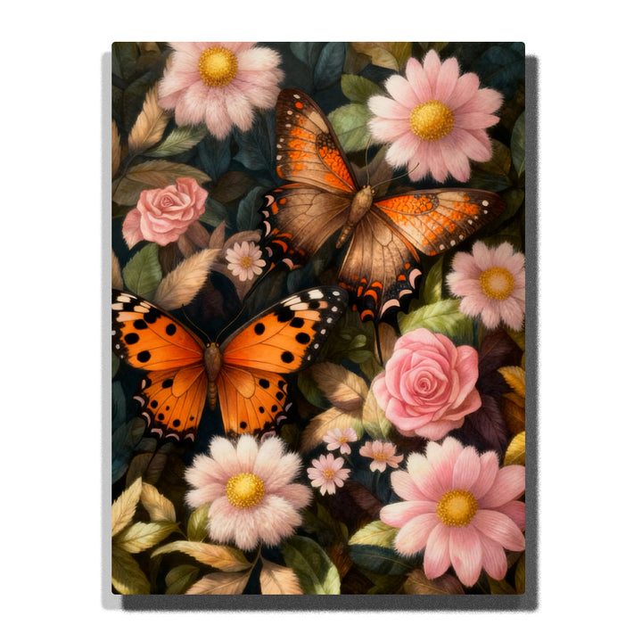 Paint by numbers kit featuring orange butterflies among pink flowers with classic floral arrangement and detailed petals