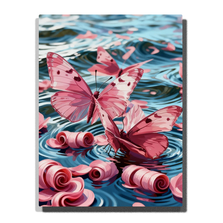 Paint by numbers kit featuring pink butterflies over blue water with rose swirls and flowing abstract waves