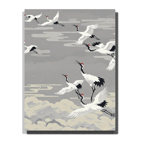 Red-crowned cranes flying over grey cloud layers paint by numbers kit for adults by PaintEasy