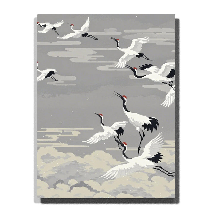 Red-crowned cranes flying over grey cloud layers paint by numbers kit for adults by PaintEasy