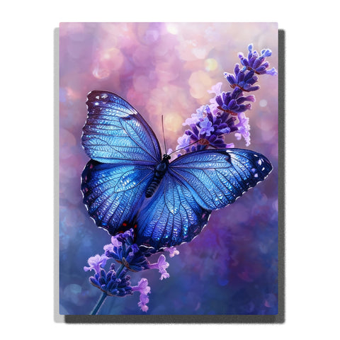 Paint by numbers kit featuring blue butterfly on lavender flower with soft purple gradient background and detailed wings
