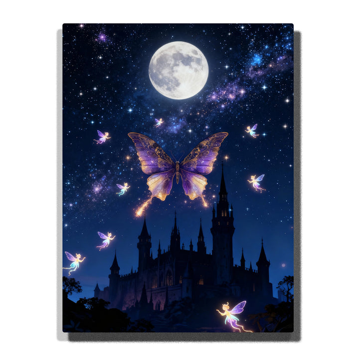 Paint by numbers kit featuring purple butterfly under full moon with fantasy castle and glowing lights in night sky