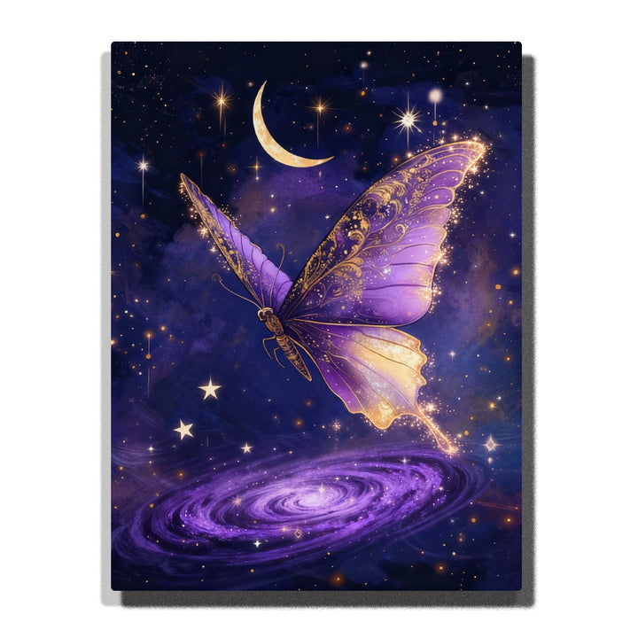 Paint by numbers kit featuring purple butterfly over galaxy with crescent moon and stars in cosmic night scene