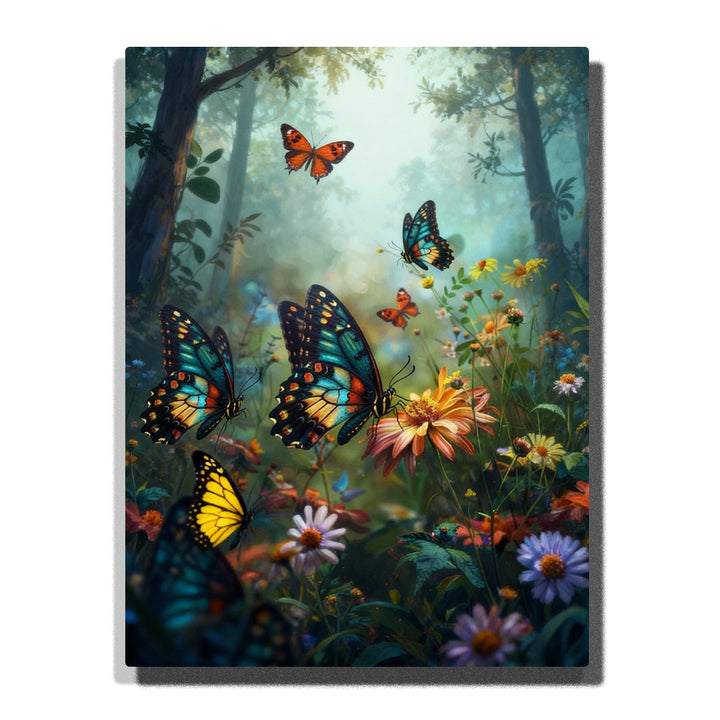 Paint by numbers kit featuring multiple butterflies in wildflower forest with soft morning light and colorful blooms