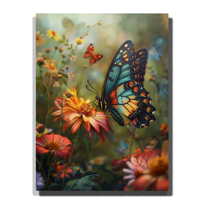 Paint by numbers kit featuring colorful butterfly on blooming flowers with soft garden light and detailed wings