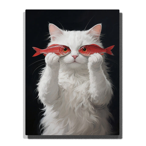 Fluffy white cat holding two red fish over its eyes like glasses against a dark background, PaintEasy Paint by Numbers kit.