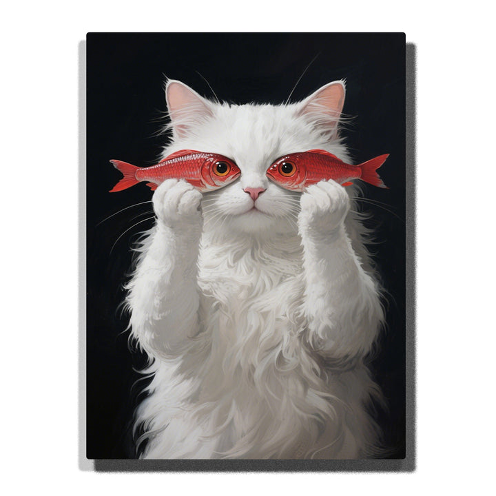 Fluffy white cat holding two red fish over its eyes like glasses against a dark background, PaintEasy Paint by Numbers kit.