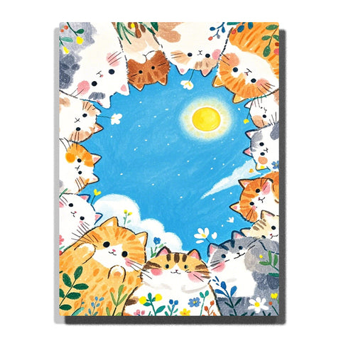 colorful circle of cats looking toward bright moon paint by numbers artwork with blue sky background | PaintEasy