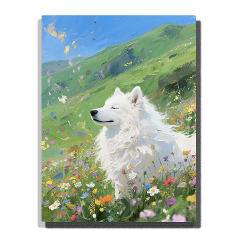 white dog standing in colorful wildflower meadow paint by numbers artwork with green hills and blue sky background | PaintEasy