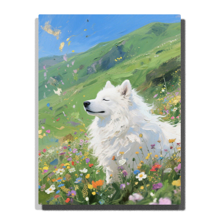 white dog standing in colorful wildflower meadow paint by numbers artwork with green hills and blue sky background | PaintEasy