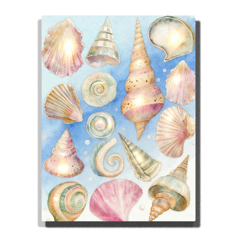 Pastel seashell collection on soft blue background with spiral shells, scallop shells, blush pink and cream tones, and coastal animal paint by numbers wall art.