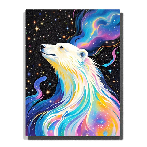 Polar bear with flowing rainbow aurora fur against a deep starry sky with colorful light ribbons, bright stars, and cosmic background, PaintEasy Paint by Numbers kit.