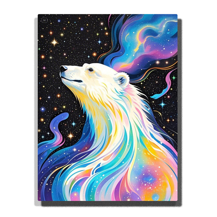 Polar bear with flowing rainbow aurora fur against a deep starry sky with colorful light ribbons, bright stars, and cosmic background, PaintEasy Paint by Numbers kit.