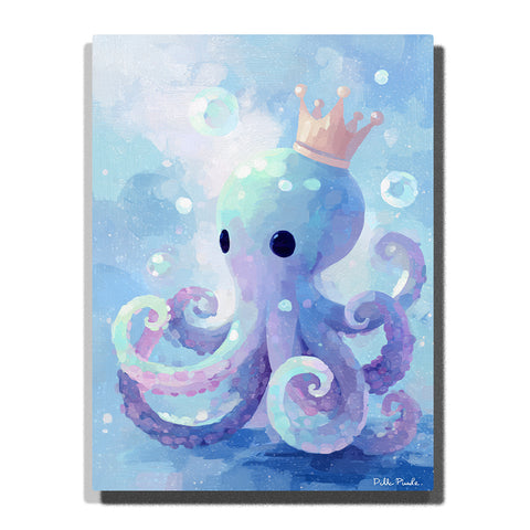 Blue baby octopus wearing a tiny crown with curled tentacles, floating bubbles, dark eyes, lavender suction cups, and soft underwater light, paint by numbers wall art by PaintEasy