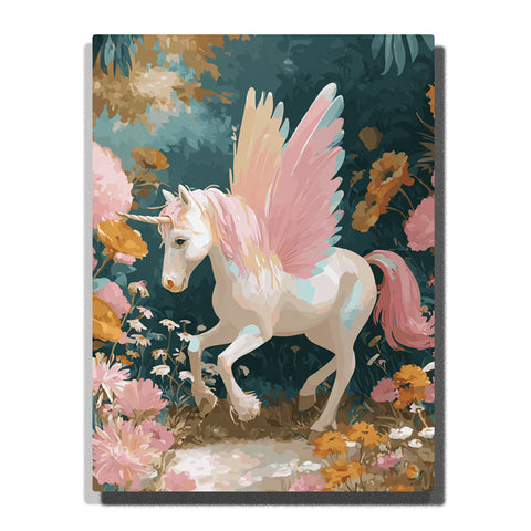 White Pegasus walking through a flower garden with large pink wings, flowing rose tail, pale mane, deep teal foliage, and magical animal mood, paint by numbers by PaintEasy