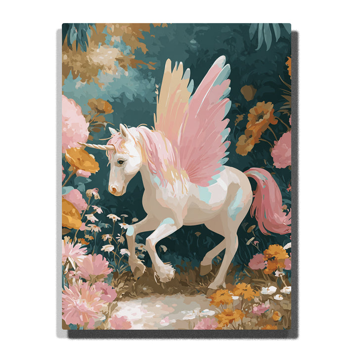 White Pegasus walking through a flower garden with large pink wings, flowing rose tail, pale mane, deep teal foliage, and magical animal mood, paint by numbers by PaintEasy