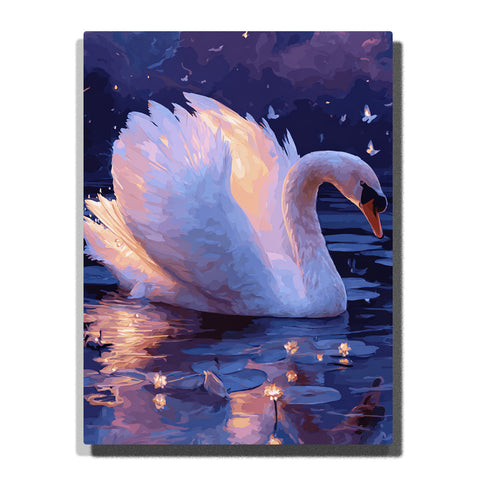 White swan gliding on moonlit water with raised feathered wing, dark blue lake, glowing reflections, floating lilies, and dreamy animal mood, paint by numbers by PaintEasy