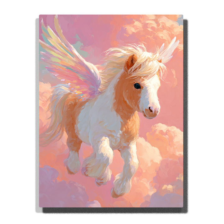 White winged pony flying through pink clouds with pastel rainbow wings, fluffy mane, feathered hooves, warm peach sky, and magical animal mood, paint by numbers by PaintEasy