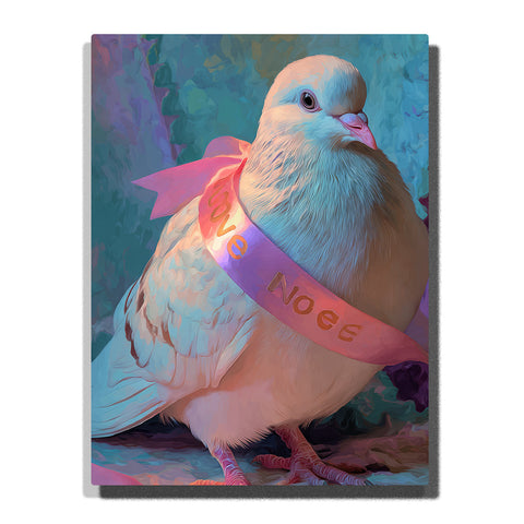 White dove wearing a pink love ribbon with soft feathers, pale beak, teal blue background, gentle pastel light, and sweet animal mood, paint by numbers by PaintEasy