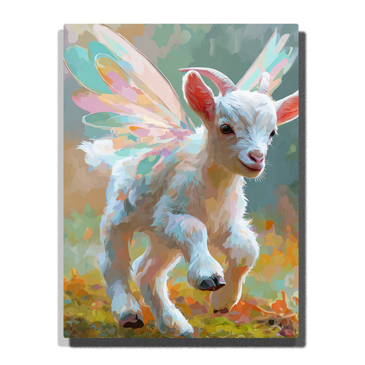 White baby goat running with translucent fairy wings, pink ears, soft fur, pastel meadow background, and magical animal mood, paint by numbers by PaintEasy