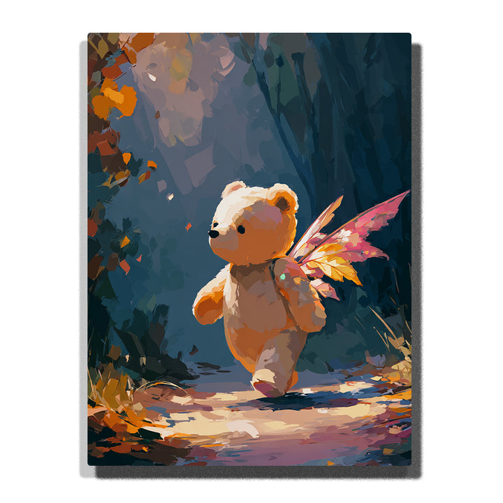 Plush bear walking through a dark forest with rainbow fairy wings, autumn leaves, warm path light, soft golden fur, and magical animal mood, paint by numbers by PaintEasy