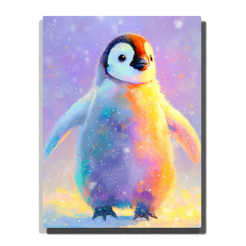 Rainbow baby penguin standing in soft snow glow with fluffy pastel feathers, white face, orange head marking, lavender background, and dreamy animal mood, paint by numbers by PaintEasy