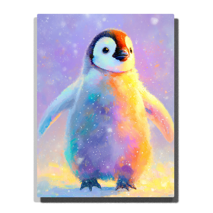 Rainbow baby penguin standing in soft snow glow with fluffy pastel feathers, white face, orange head marking, lavender background, and dreamy animal mood, paint by numbers by PaintEasy