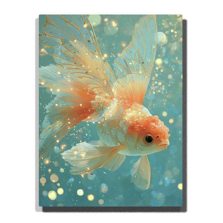 Pearlescent goldfish swimming in glowing aqua water with flowing coral fins, ivory scales, golden bokeh, and dreamy underwater animal mood, paint by numbers by PaintEasy