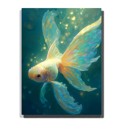 Golden betta fish swimming in deep teal water with flowing aqua fins, glowing light bubbles, soft scale texture, and dreamy underwater animal mood, paint by numbers by PaintEasy