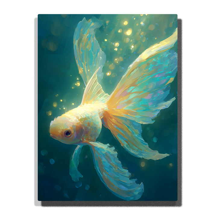 Golden betta fish swimming in deep teal water with flowing aqua fins, glowing light bubbles, soft scale texture, and dreamy underwater animal mood, paint by numbers by PaintEasy