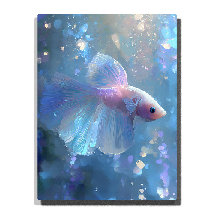 Iridescent betta fish swimming in shimmering blue water with translucent fins, lavender highlights, glowing bokeh, and dreamy animal mood, paint by numbers by PaintEasy
