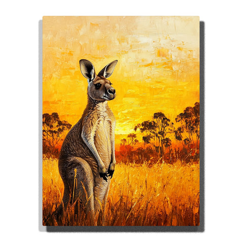 A standing kangaroo in a golden grass field with dark trees and a glowing yellow-orange sunset sky in this PaintEasy Paint by Numbers artwork.