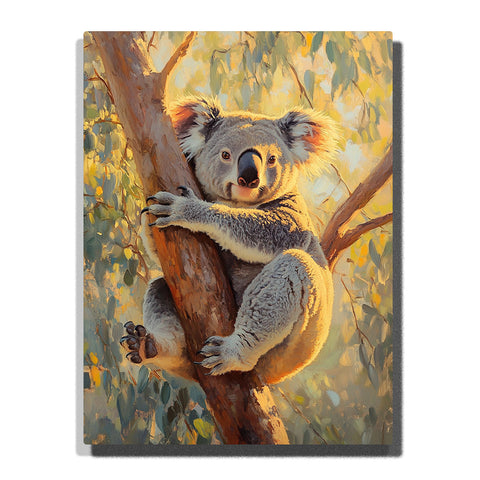 A fluffy koala clinging to a eucalyptus tree trunk, surrounded by soft green leaves and glowing warm sunlight in this PaintEasy Paint by Numbers artwork.